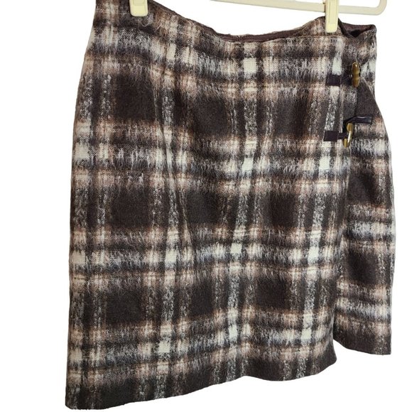 Pendleton Womens Brown Plaid Wool Mohair Blend Leather Trim Mini Skirt Lined - Picture 2 of 7